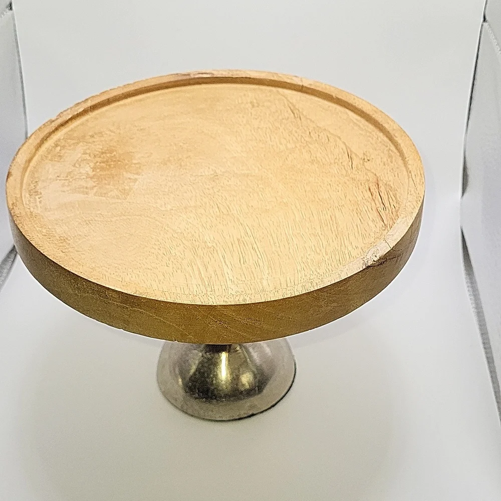 Wood and Aluminum Pedestal Cake Stand. Rubber Bottom for Easy Grip.